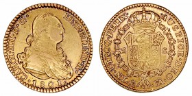 Monarquía Española
Carlos IV
2 Escudos. AV. Madrid FA/MF. 1801. 6.74g. Cal.343. Sirvió de joya. EBC-/EBC.