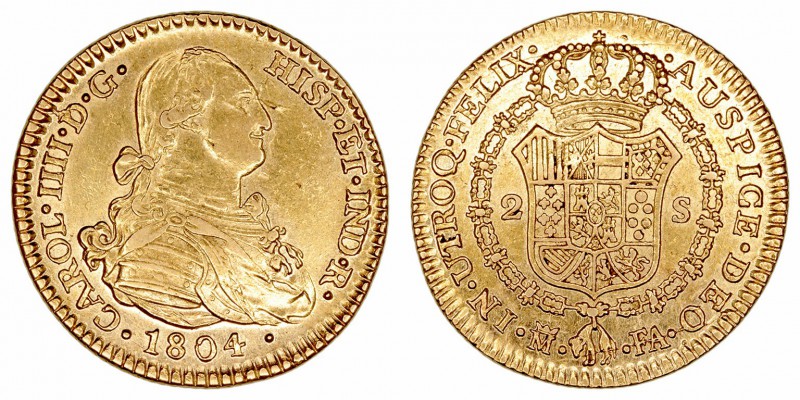 Monarquía Española
Carlos IV
2 Escudos. AV. Madrid FA. 1804. 6.73g. Cal.347. M...