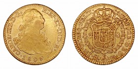 Monarquía Española
Carlos IV
2 Escudos. AV. Madrid FA. 1807. 6.73g. Cal.350. MBC-.