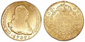 Monarquía Española
Carlos IV
Escudo. AV. Madrid MF. 1797. 3.32g. Cal.496. Sirvió de joya. BC-.