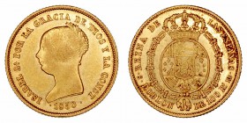 Monarquía Española
Isabel II
Doblón de 100 Reales. AV. Sevilla RD. 1850. 8.14g. Cal.5. Conserva restos de brillo en reverso. Muy rara así. EBC-/EBC+...