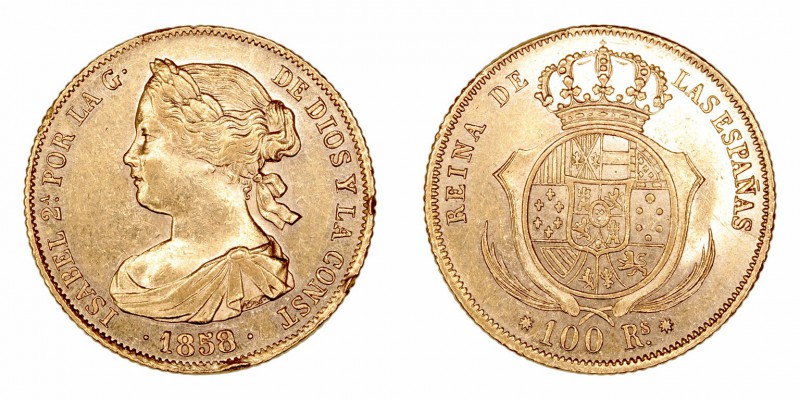 Monarquía Española
Isabel II
100 Reales. AV. Barcelona. 1858. 8.37g. Cal.11. G...