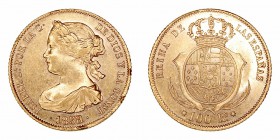 Monarquía Española
Isabel II
100 Reales. AV. Barcelona. 1858. 8.37g. Cal.11. Golpecitos en canto. Escasa. MBC-/MBC.