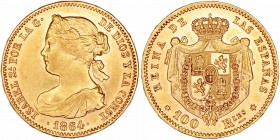 Monarquía Española
Isabel II
100 Reales. AV. Madrid. 1864. 8.31g. Cal.29. Ligeras marcas en listel, manteniendo brillo original. EBC-.