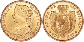Monarquía Española
Isabel II
100 Reales. AV. Madrid. 1864. 8.39g. Cal.29. Golpe en canto. Conserva brillo original. EBC.