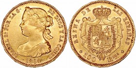 Monarquía Española
Isabel II
100 Reales. AV. Madrid. 1864. 8.34g. Cal.29. Golpecitos en listel y restos de brillo. MBC+.