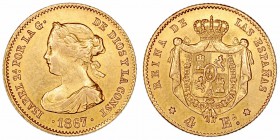 Monarquía Española
Isabel II
4 Escudos. AV. Madrid. 1867. 3.33g. Cal.111. EBC.