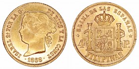 Monarquía Española
Isabel II
4 Pesos. AV. Manila. 1868. 6.78g. Cal.132. Conserva brillo original, muy bonita pieza. EBC/EBC+.