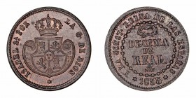 Monarquía Española
Isabel II
Décima de Real. AE. Segovia. 1853. 3.84g. Cal.584. Suave pátina y porosidades en reverso. EBC+/EBC-.