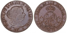Monarquía Española
Isabel II
5 Céntimos de Escudo. AE. Barcelona OM. 1867. Falsa de época. Las estrellas de anverso irregulares y de 6 puntas, siend...