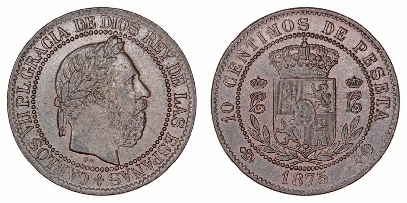 La Peseta
Carlos VII Pretendiente
10 Céntimos. AE. Bruselas. 1875. 10.32g. Cal...