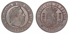 La Peseta
Carlos VII Pretendiente
10 Céntimos. AE. Bruselas. 1875. 10.32g. Cal.8. Ligera rayita y suave pátina. Escasa así. EBC-.