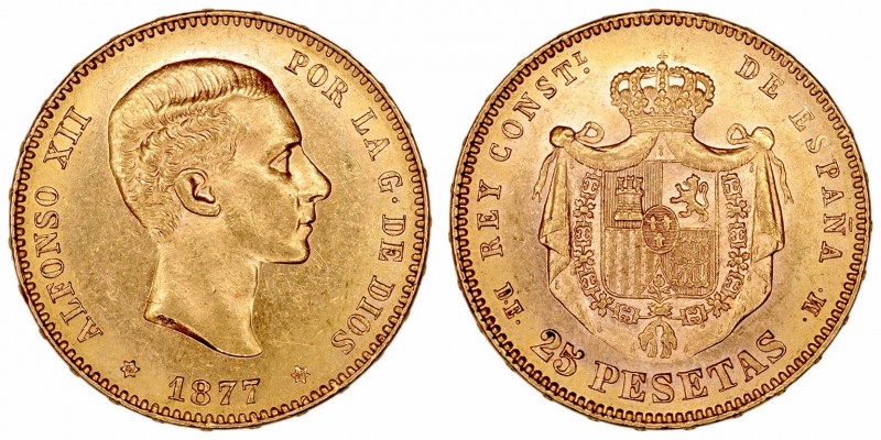 La Peseta
Alfonso XII
25 Pesetas. AV. 1877 *18-77 DEM. 8.08g. Cal.3. EBC-.