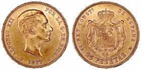 La Peseta
Alfonso XII
25 Pesetas. AV. 1877 *18-77 DEM. 8.06g. Cal.3. MBC+/EBC-.
