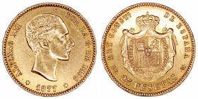 La Peseta
Alfonso XII
25 Pesetas. AV. 1877 *(18-77) DEM. 8.02g. Cal.3. Sirvió de joya. MBC-.