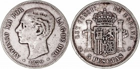 La Peseta
Alfonso XII
5 Pesetas. AR. 1879 EMM. 24.65g. Cal.31. Algo sucia. BC+.