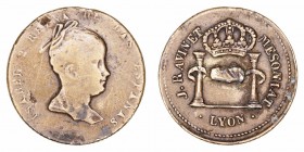 La Peseta
Fichas, resellos y curiosidades
Ficha. AE. Isabel 2ª Reyna de las Españas. J. Ravinet Mesoniat, Lyon. 3.39g. 20.00mm. BC-/BC.