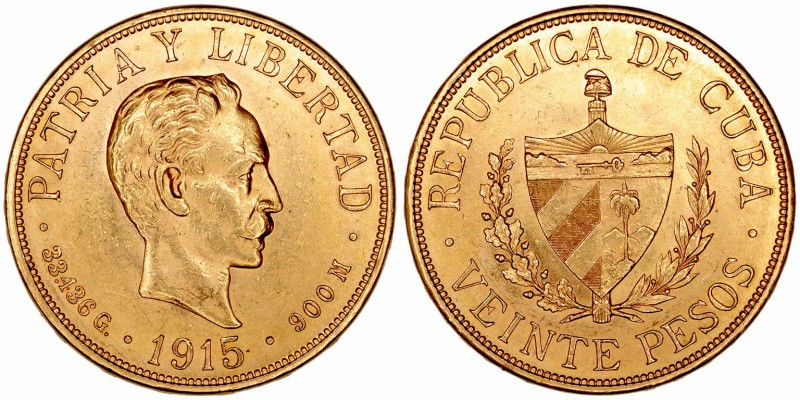 Monedas Extranjeras
Cuba 
20 Pesos. AV. 1915. José Martí. 33.44g. KM.21. Escas...