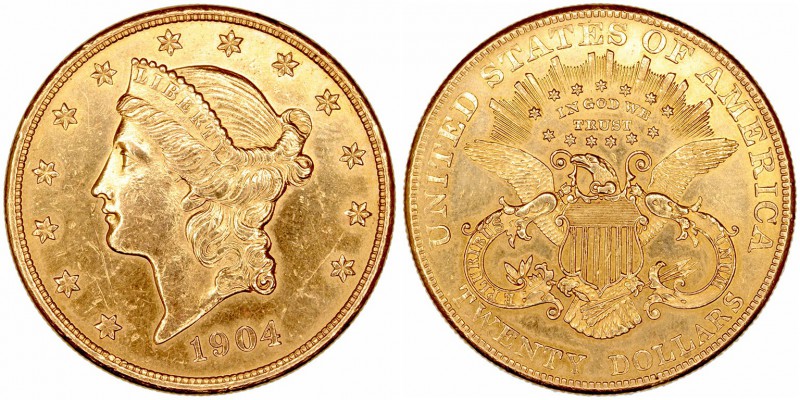 Monedas Extranjeras
Estados Unidos 
20 Dólares. AV. 1904. 33.46g. KM.74,3. Ray...