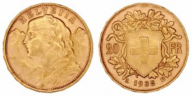 Monedas Extranjeras
Suiza 
20 Francos. AV. 1935 L-B. 6.45g. KM.35,1. EBC-.