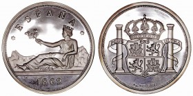 Medallas
5 Onzas. AR. s/f. España 1869 (similar a las acuñaciones del Gobierno Provisional). 156.80g. 65.00mm. Encapsulada y en estuche de terciopelo...