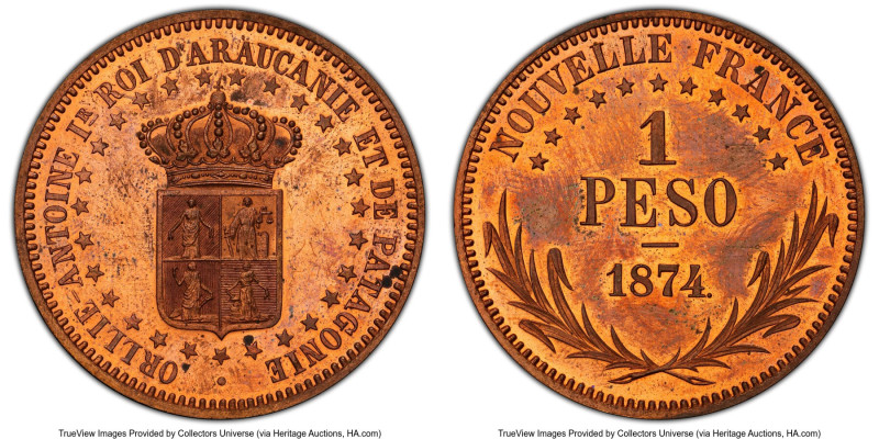 Araucania-Patagonia. New France copper Proof Fantasy Peso 1874 PR64 Red PCGS, KM...