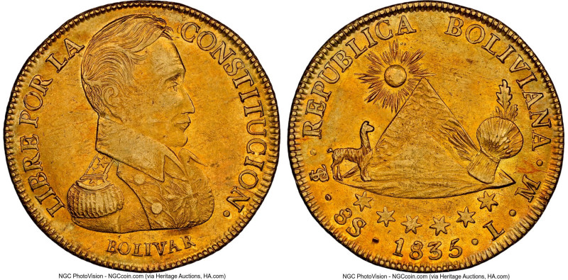 Republic gold 8 Scudos 1835 PTS-LM AU58 NGC, Potosi mint, KM99, Fr-21. A positiv...