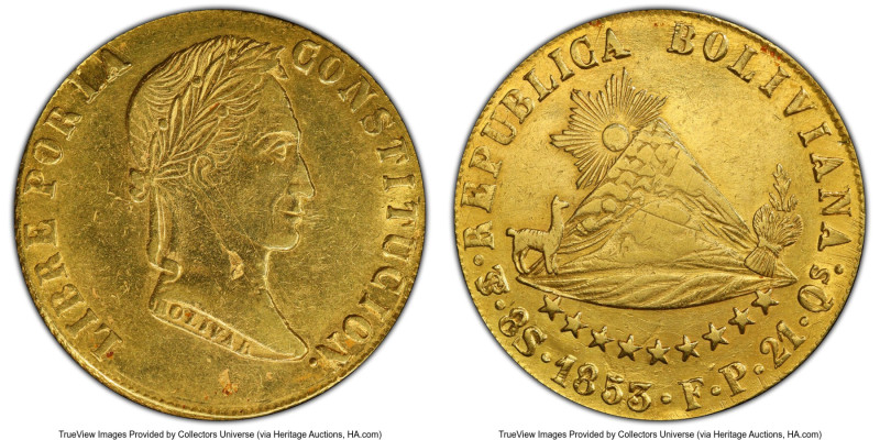 Republic gold 8 Scudos 1853 PTS-FP AU50 PCGS, Potosi mint, KM116, Fr-34. HID0980...