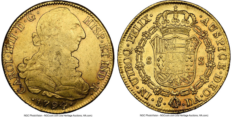 Charles IV gold 8 Escudos 1794 So-DA AU53 NGC, Santiago mint, KM54, Cal-1759. HI...