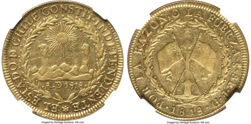 Republic gold 8 Escudos 1818 So-FD XF45 NGC, Santiago mint, KM84. "CONSTIT" vari...