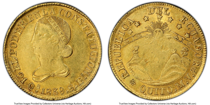 Republic gold 8 Escudos 1839 QUITO-MV AU Details (Repaired) PCGS, Quito mint, KM...