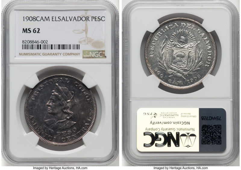 Republic Peso 1908-C.A.M. MS62 NGC, Royal Belgian mint, KM115.1. HID09801242017 ...