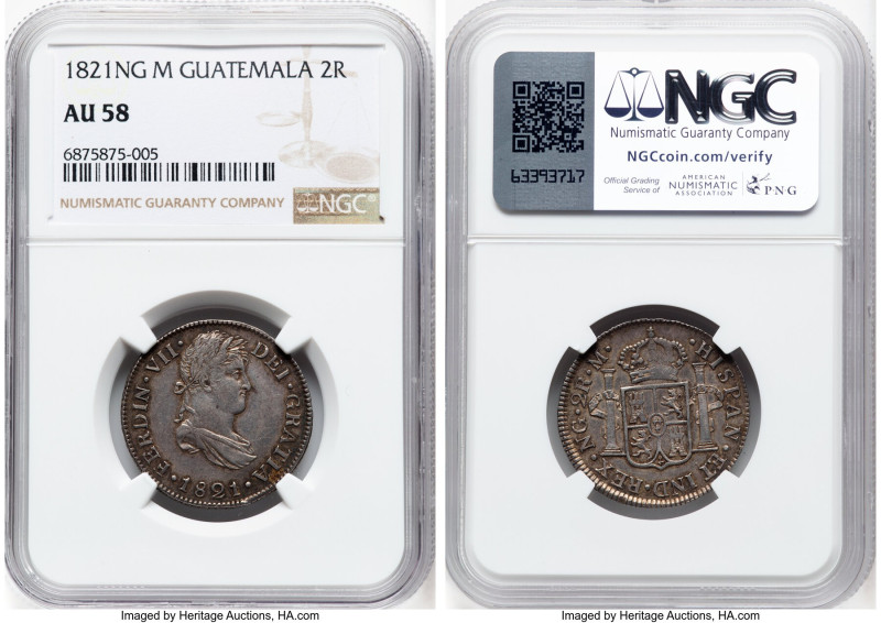 Ferdinand VII 2 Reales 1821 NG-M AU58 NGC, Nueva Guatemala mint, KM67. HID098012...