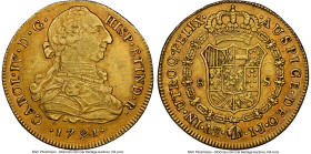 Charles IV gold 8 Escudos 1791 LM-IJ AU50 NGC, Lima mint, KM92, Cal-1590. A lightly handled piece with significant character and notes of tangerine an...