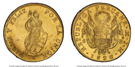 Republic gold 8 Escudos 1826 LM-JM UNC Details (Cleaned) PCGS, Lima mint, KM148.1, Onza-2088. Perhaps ever-so-slightly cleaned, this beautiful specime...