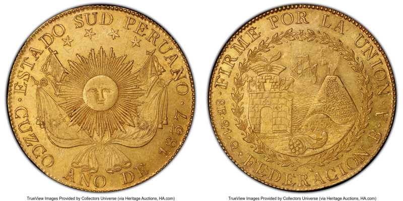 South Peru. Republic gold 8 Escudos 1837 CUZCO-BA UNC Details (Tooled) PCGS, Cuz...