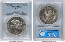 Republic 5 Pesetas 1880 B-BF MS63 PCGS, Lima mint, KM201.1. An especially popular three-year Latin American "Crown" type, presented here with cartwhee...