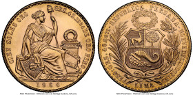Republic gold 100 Soles 1964 MS64 NGC, Lima mint, KM231. Mintage: 11,000. A dazzling near-Gem, barely missing the mark for a Gem designation due to ch...