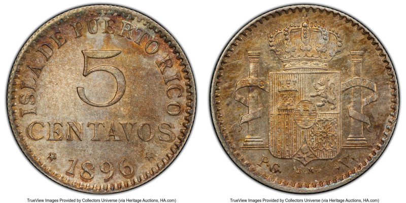 Spanish Colony. Alfonso XIII 5 Centavos 1896-PGV MS62 PCGS, Madrid mint, KM20. A...