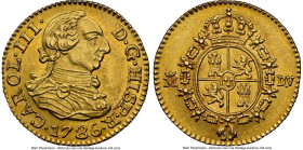 Charles III gold 1/2 Escudo 1786 M-DV MS64 NGC, Madrid mint, KM425.1, Cal-1280. A glimmering honey-golden near-Gem close to the peak of the finest kno...