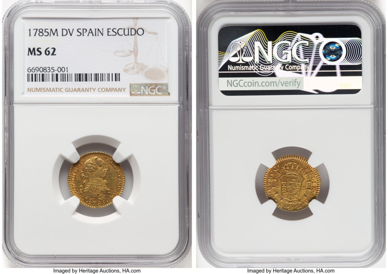 Charles III gold Escudo 1785 M-DV MS62 NGC, Madrid mint, KM416.1, Cal-1367. Char...