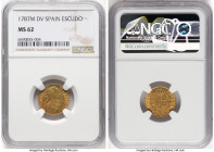 Charles III gold Escudo 1787 M-DV MS62 NGC, Madrid mint, KM416.1, Cal-1370. A date and denomination combo not usually encountered this fine. HID098012...