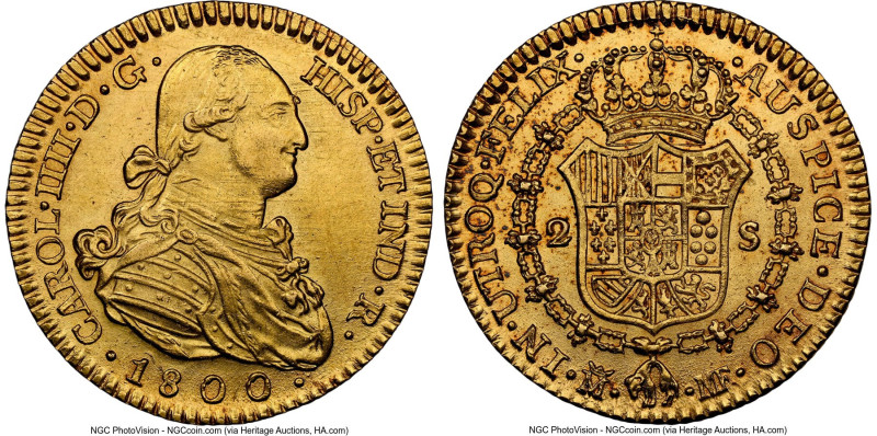 Charles IV gold 2 Escudos 1800 M-MF MS62 NGC, Madrid mint, KM435.1, Cal-1297. An...