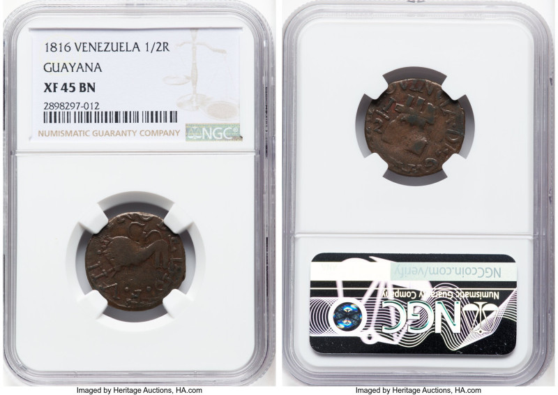 Guayana. Provincial 1/2 Real 1816 XF45 Brown NGC, KM-C41.2. Royalist Coinage. HI...