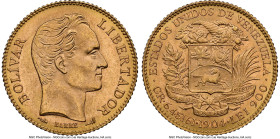 Republic gold 20 Bolivares 1904 MS64+ NGC, Paris mint, KM-Y32, Fr-5c. A conditionally scarce specimen at this elevated condition tier, displaying fros...
