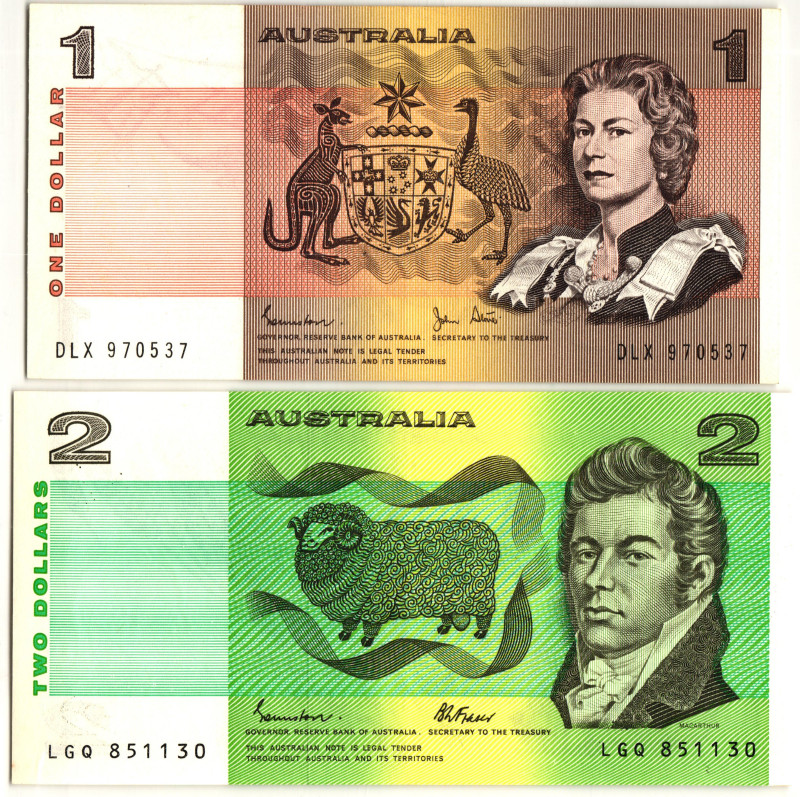 Australia 1 - 2 Dollars 1982 - 1985 (ND)
P# 42d, 43e, UNC