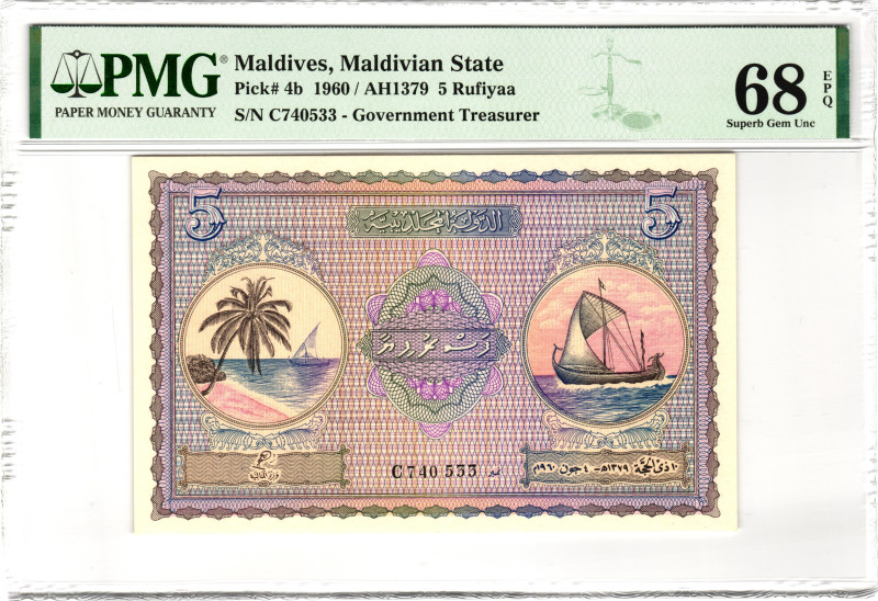 Maldives 5 Rufiyaa 1960 PMG 68 EPQ Superb Gem UNC Top Pop
P# 4b, N# 202190; # C...