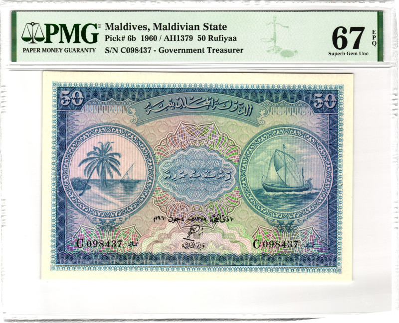 Maldives 50 Rufiyaa 1960 PMG 67 EPQ Superb Gem UNC Top Pop
P# 6b, N# 223322; # ...