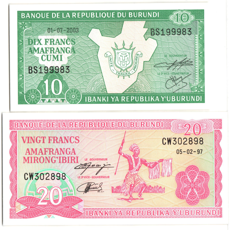 Burundi 10 - 20 Francs 1997 - 2003
P# 27, 33, UNC