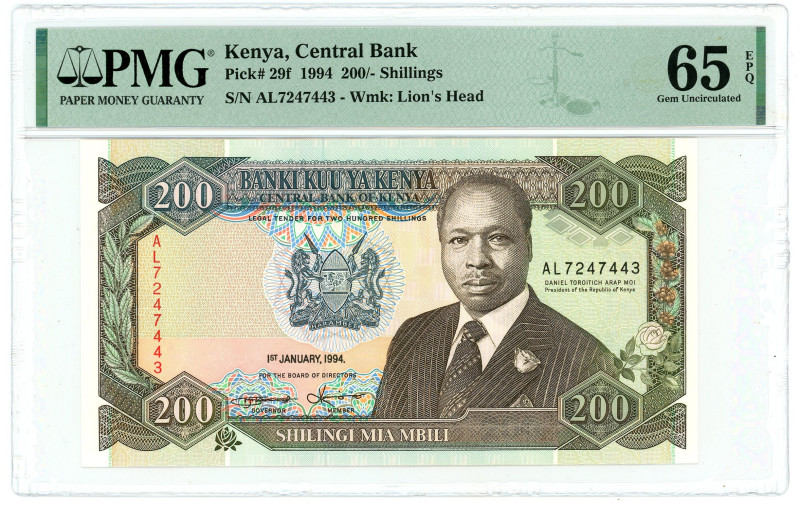 Kenya 200 Shillings 1994 PMG 65 EPQ Gem UNC
P# 29f, N# 213964; # AL7247443